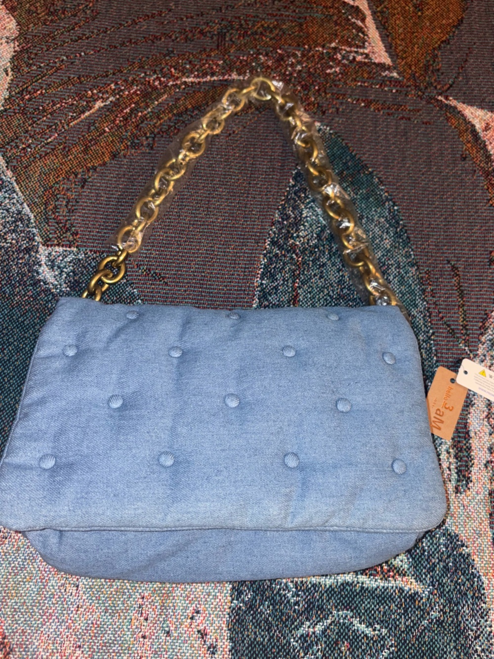 Denim Quilted Shoulder Bag with Gold Chain Strap